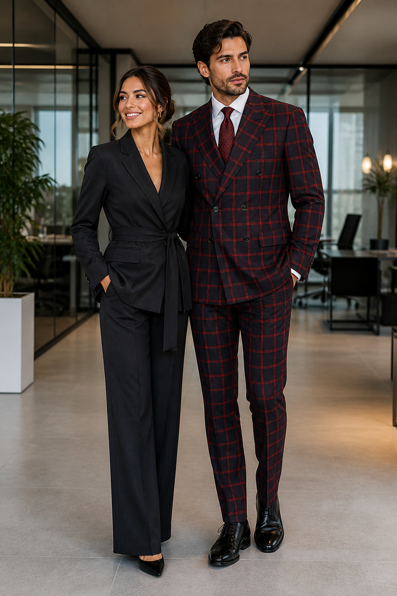 Mens Red and Black Plaid Double-Breasted Suit â€“ Slim Fit Checkered 2 Piece Formal Business Outfit