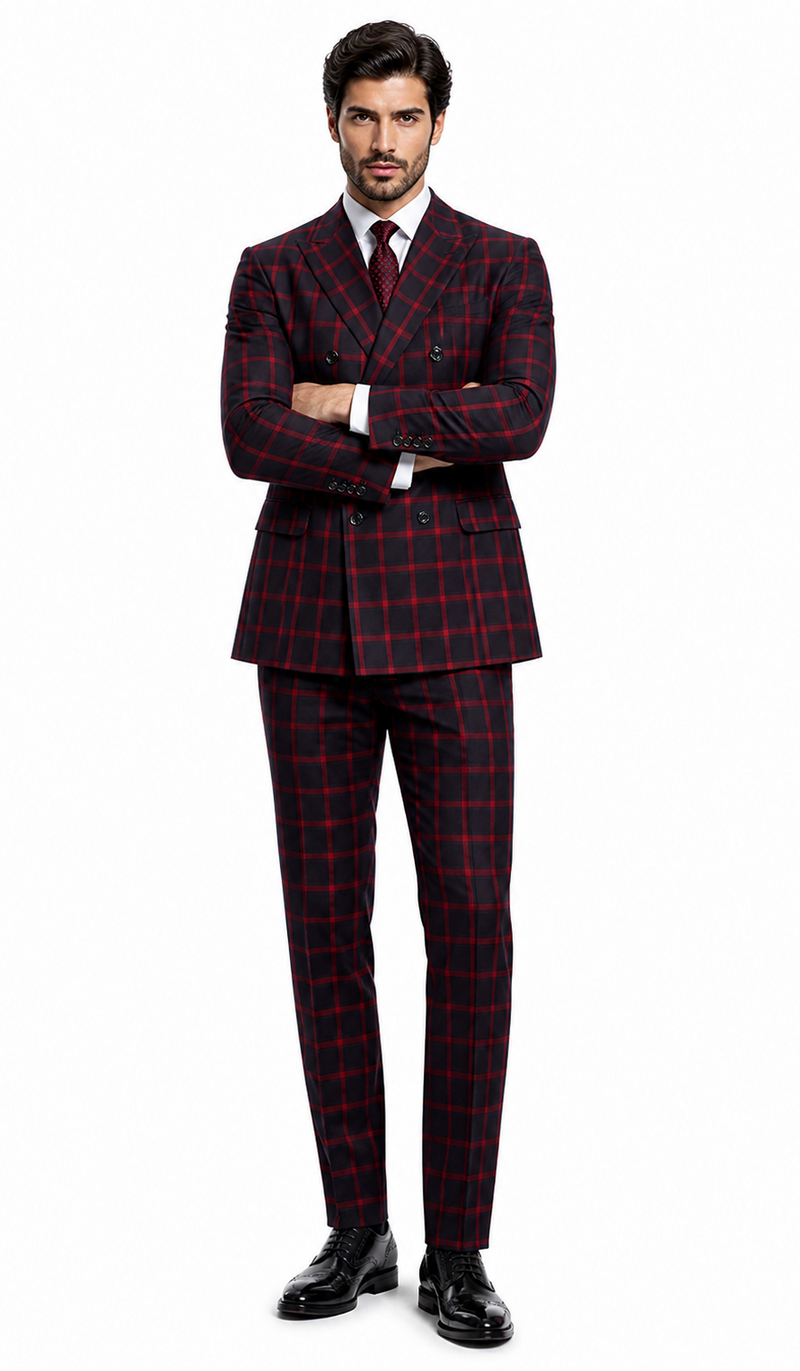 Mens Red and Black Plaid Double-Breasted Suit â€“ Slim Fit Checkered 2 Piece Formal Business Outfit