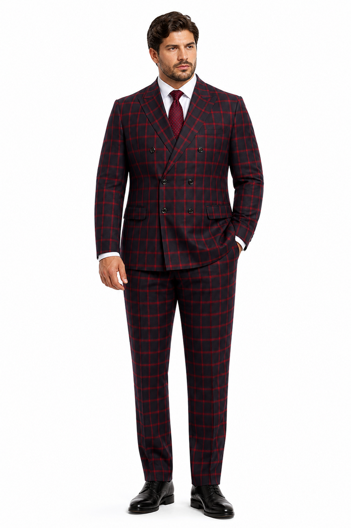 Mens Red and Black Plaid Double-Breasted Suit â€“ Slim Fit Checkered 2 Piece Formal Business Outfit