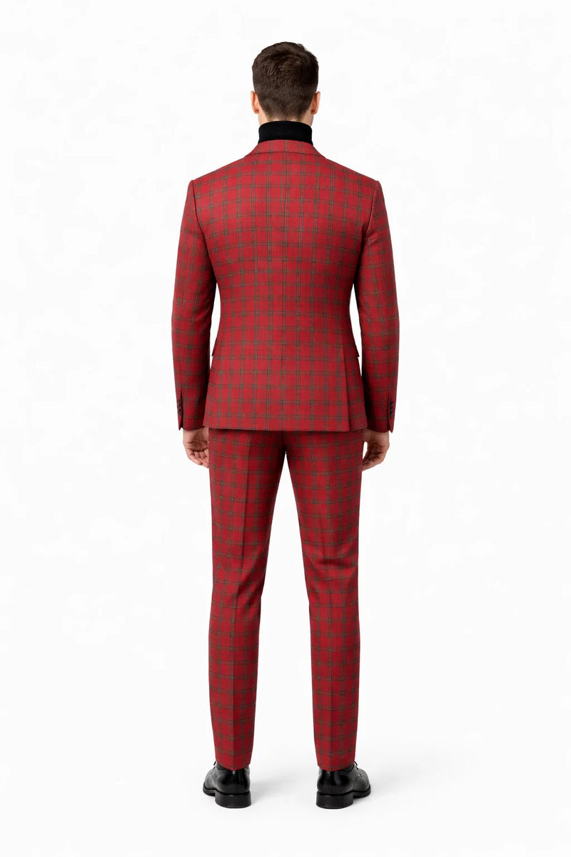 Mens Red and Grey Plaid 3-Piece Suit with Vest - Modern Fit Peak Lapel By Dominique Wilson