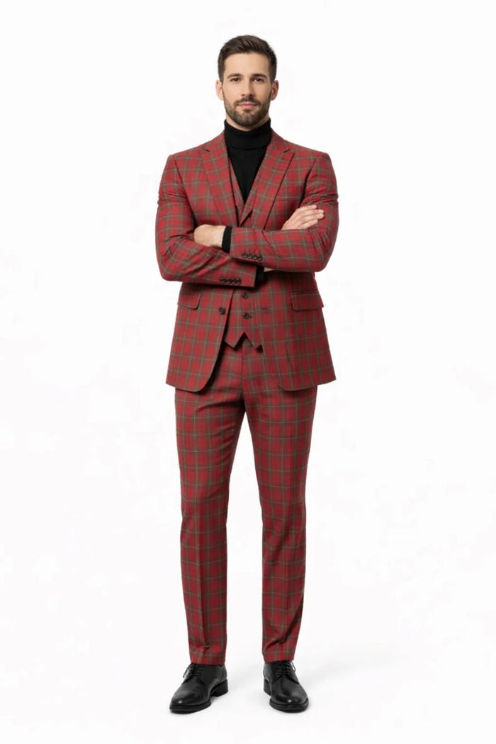 Mens Red and Grey Plaid 3-Piece Suit with Vest - Modern Fit Peak Lapel By Dominique Wilson