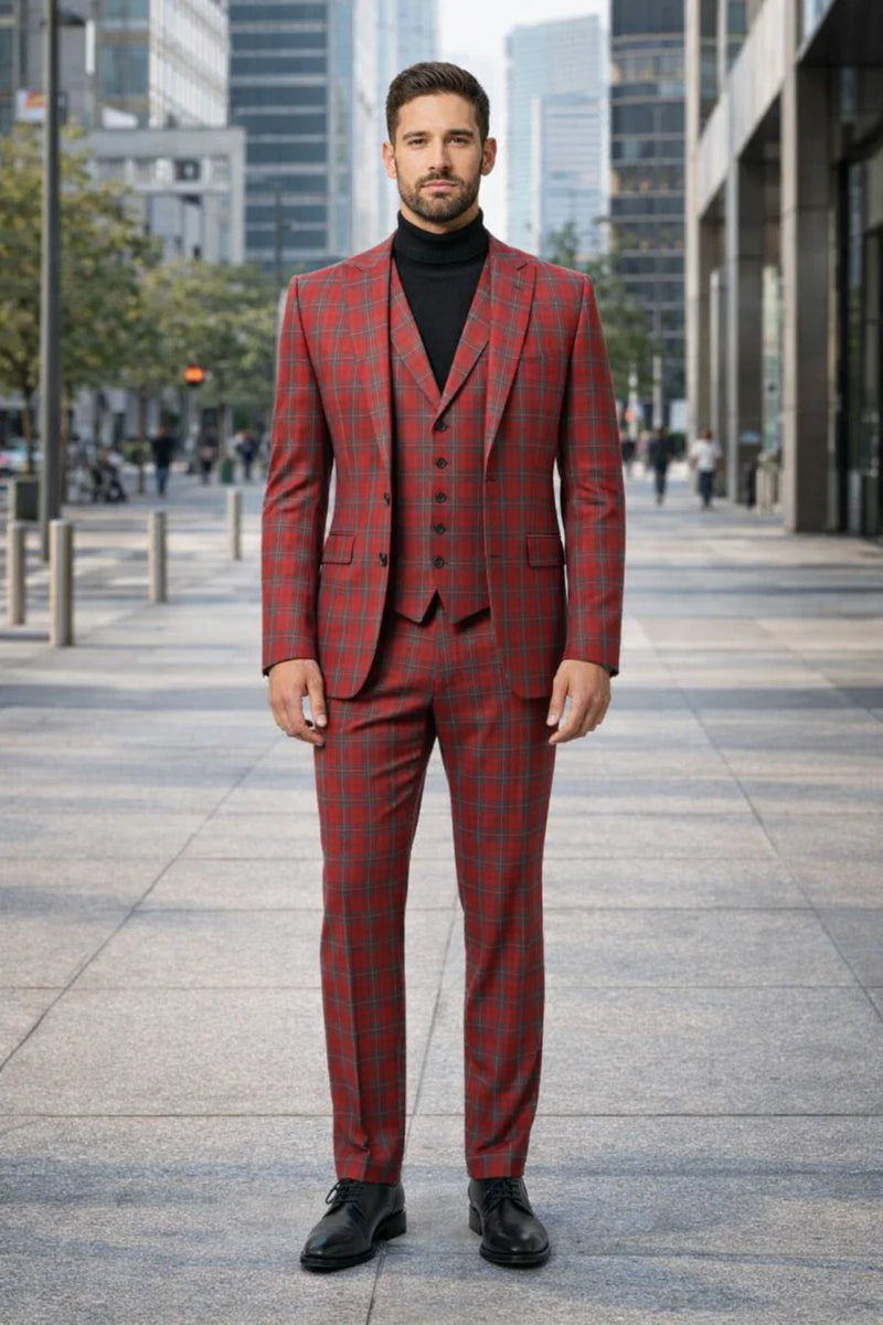 Mens Red and Grey Plaid 3-Piece Suit with Vest - Modern Fit Peak Lapel By Dominique Wilson