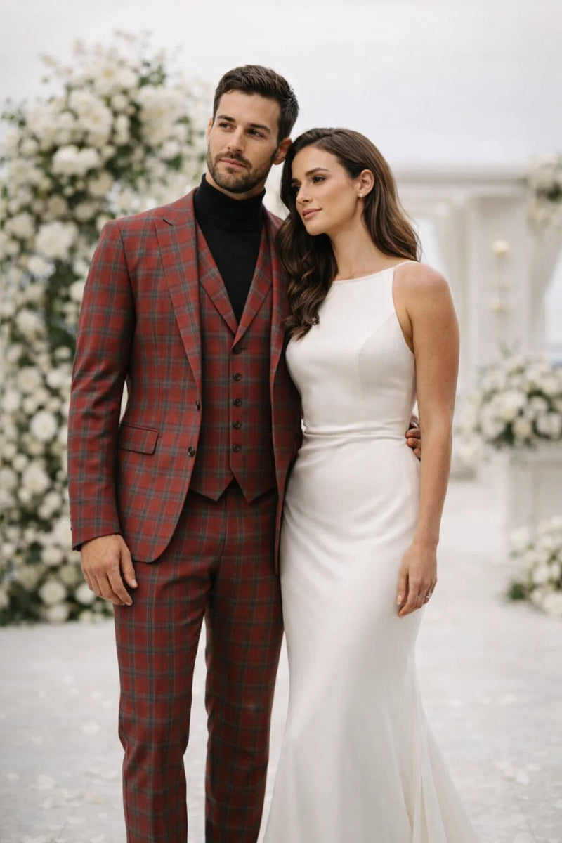 Mens Red and Grey Plaid 3-Piece Suit with Vest - Modern Fit Peak Lapel By Dominique Wilson