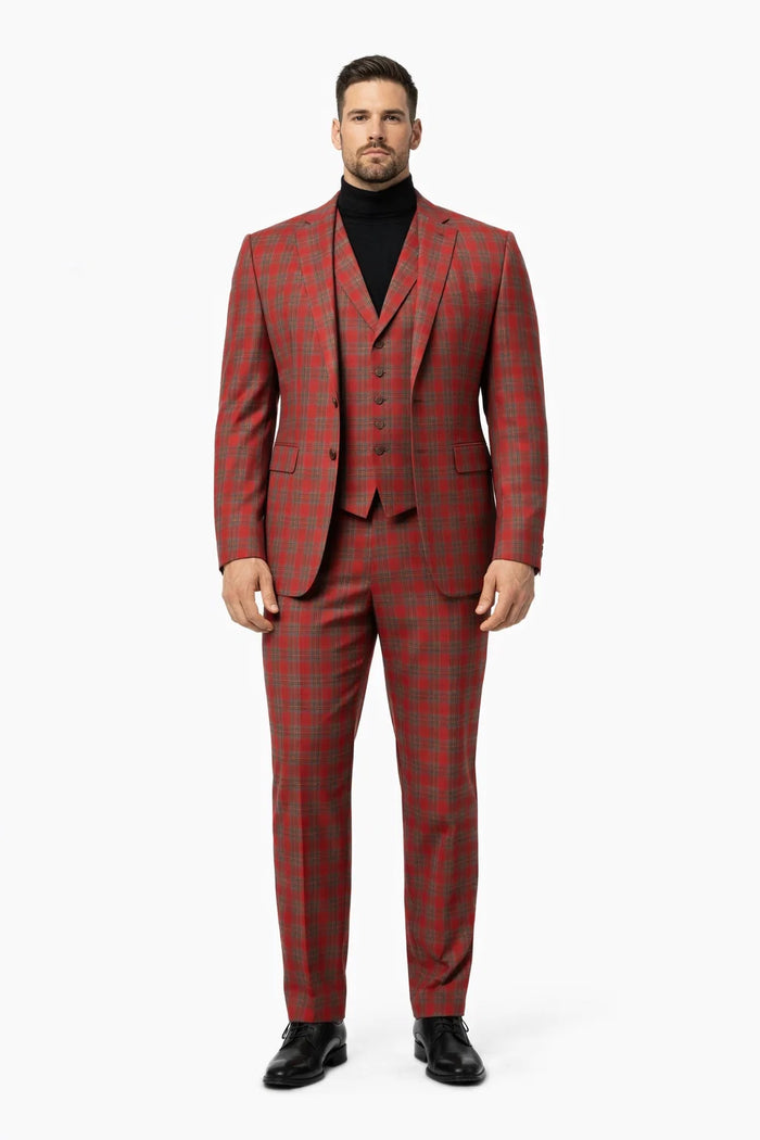 Mens Red and Grey Plaid 3-Piece Suit with Vest - Modern Fit Peak Lapel By Dominique Wilson