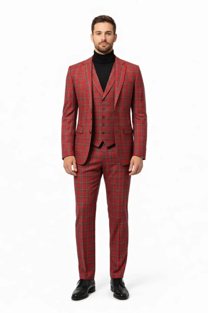 Mens Red and Grey Plaid 3-Piece Suit with Vest - Modern Fit Peak Lapel By Dominique Wilson