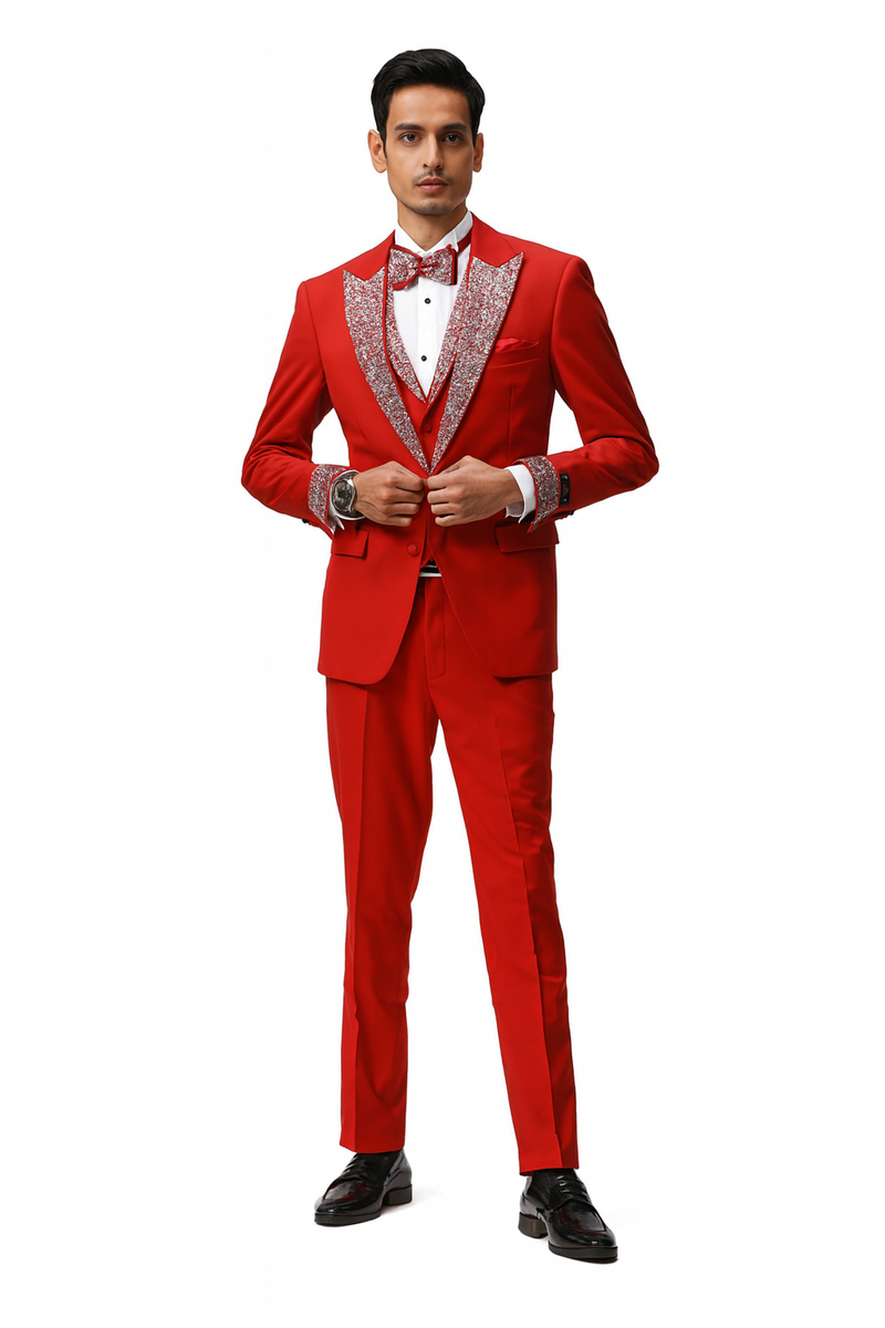Red tuxedo with white accents and a sequin lapel jacket. Smooth fabric, matching bow tie, and slim-fit trousers create a stylish three-piece suit for men.
