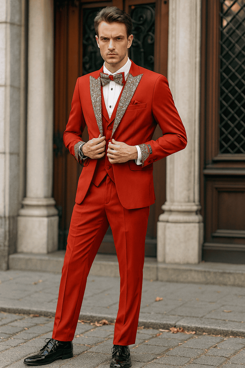 Men's red tuxedo with white sequined lapel. Includes fitted jacket, vest, trousers, and bow tie. A three-piece ensemble for formal occasions.
