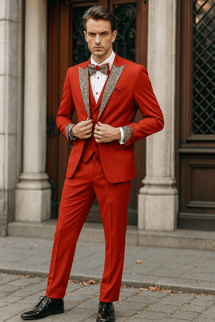 Men's red tuxedo with white sequined lapel. Includes fitted jacket, vest, trousers, and bow tie. A three-piece ensemble for formal occasions.
