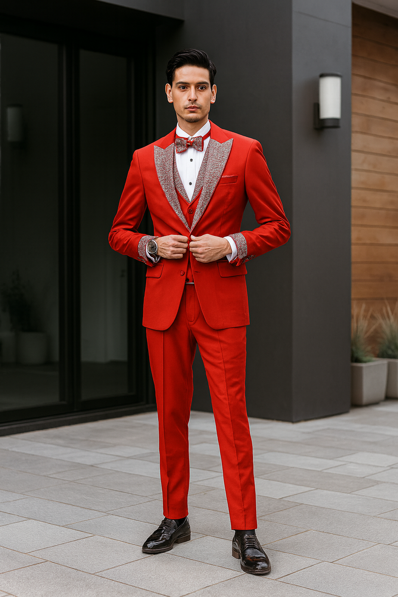 Men's red tuxedo: three-piece suit with white shirt, bow tie, sequin lapel & vest. Close-fitting design: sharp waist & legs.
