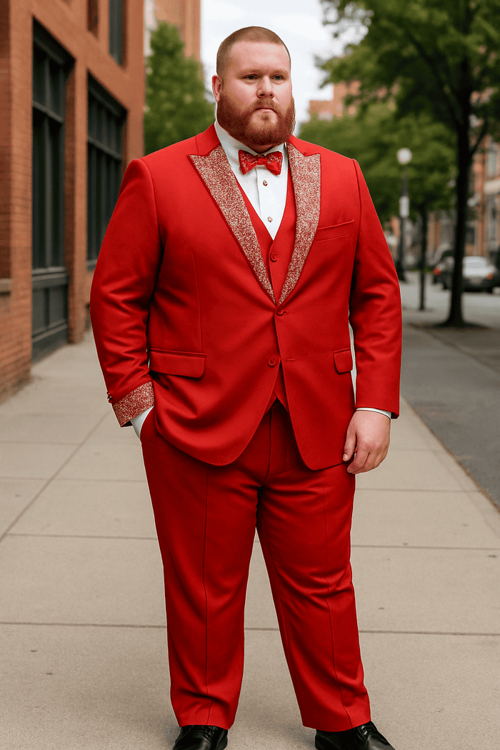 Red & white three-piece tuxedo. Red fabric with sequined lapel & matching bow tie. Structured jacket, tailored pants, white shirt. Smooth material with sequin detail.
