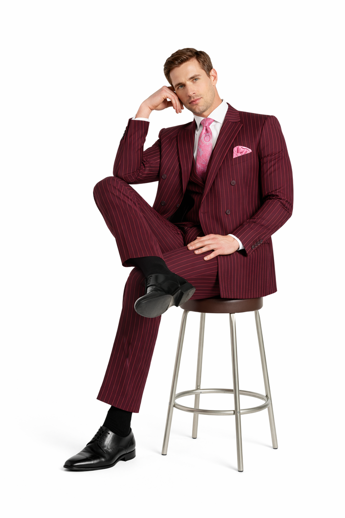 Men's Red Bold Chalk Stripe ~ Pinstripe White Pinstripe Pleated Pants Gangster Suit
