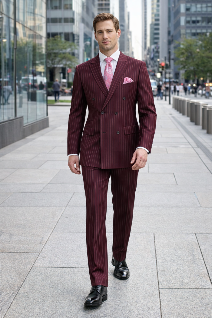 Men's Red Bold Chalk Stripe ~ Pinstripe White Pinstripe Pleated Pants Gangster Suit