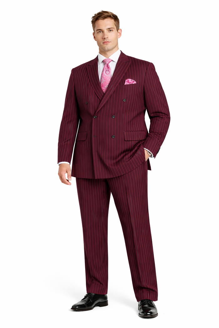 Men's Red Bold Chalk Stripe ~ Pinstripe White Pinstripe Pleated Pants Gangster Suit