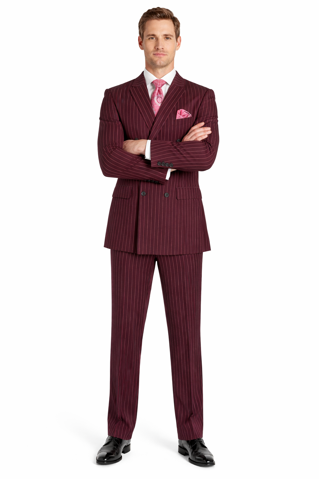Men's Red Bold Chalk Stripe ~ Pinstripe White Pinstripe Pleated Pants Gangster Suit
