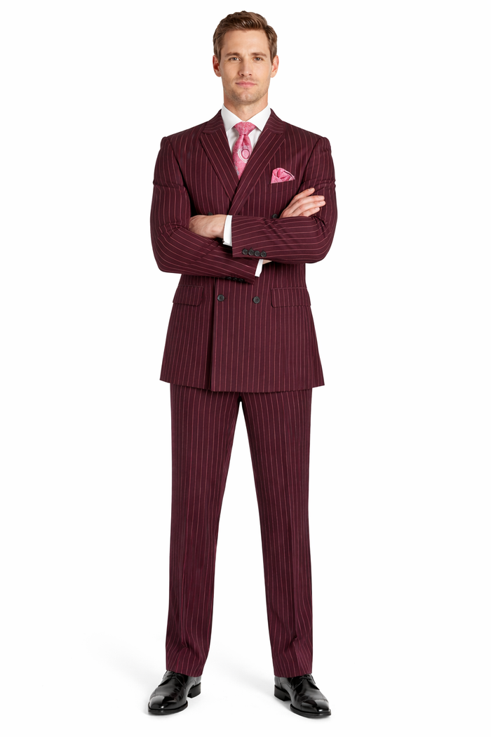 Men's Red Bold Chalk Stripe ~ Pinstripe White Pinstripe Pleated Pants Gangster Suit