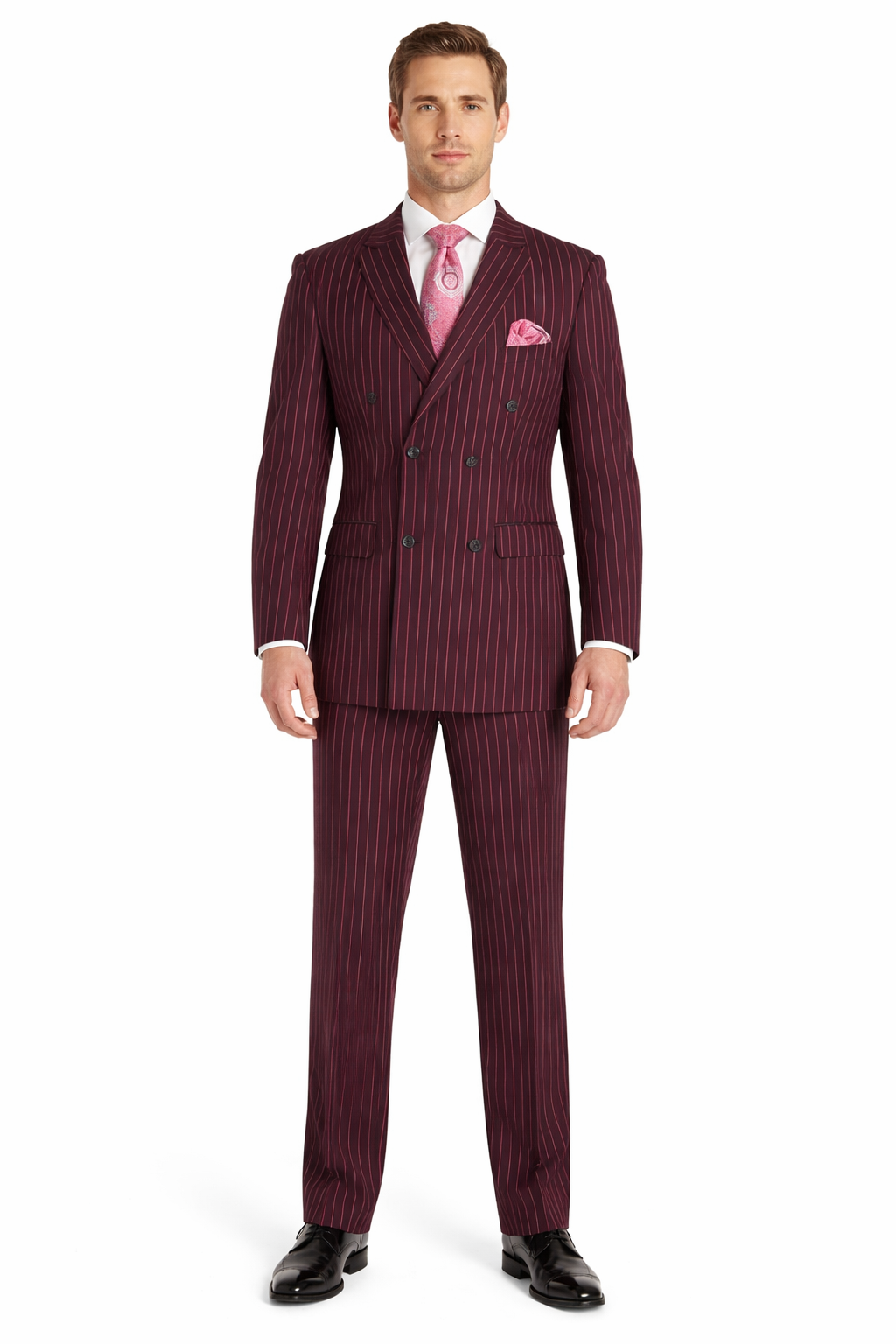 Men's Red Bold Chalk Stripe ~ Pinstripe White Pinstripe Pleated Pants Gangster Suit