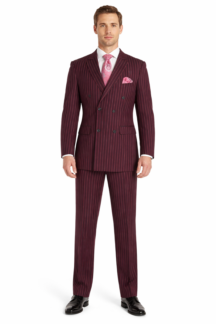 Men's Red Bold Chalk Stripe ~ Pinstripe White Pinstripe Pleated Pants Gangster Suit