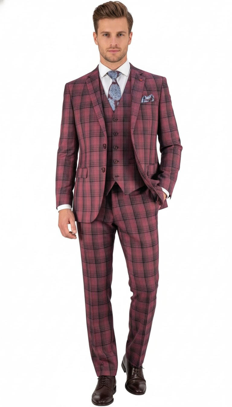 Mens Red Burgundy Plaid 3-Piece Suit - Classic Checkered Modern Fit Suit for Weddings, Church and Formal Events
