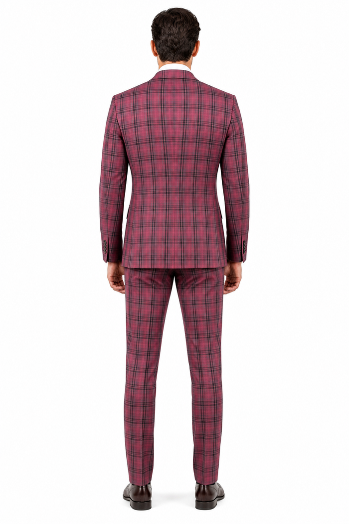 Mens Red Burgundy Plaid 3-Piece Suit - Classic Checkered Modern Fit Suit for Weddings, Church and Formal Events