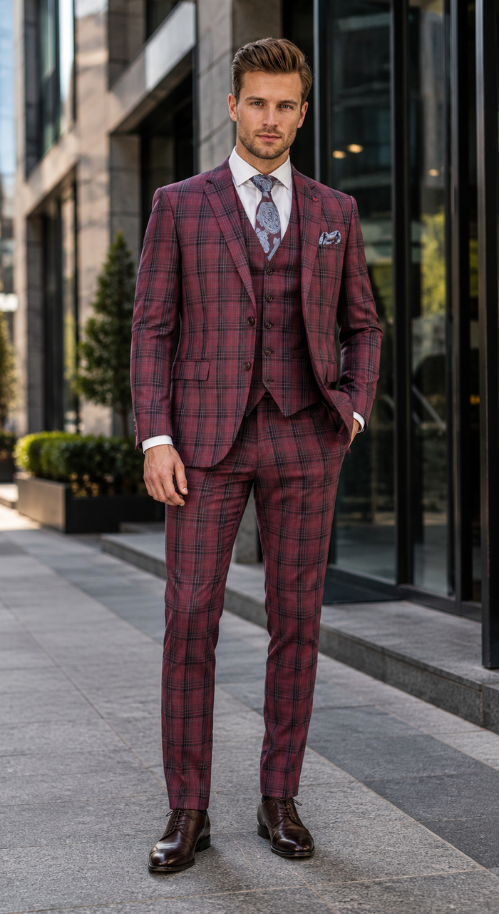 Mens Red Burgundy Plaid 3-Piece Suit - Classic Checkered Modern Fit Suit for Weddings, Church and Formal Events