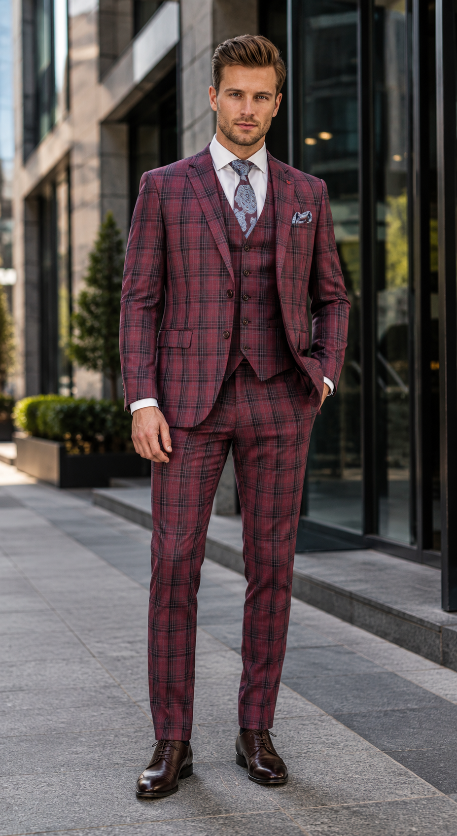 Mens Red Burgundy Plaid 3-Piece Suit - Classic Checkered Modern Fit Suit for Weddings, Church and Formal Events