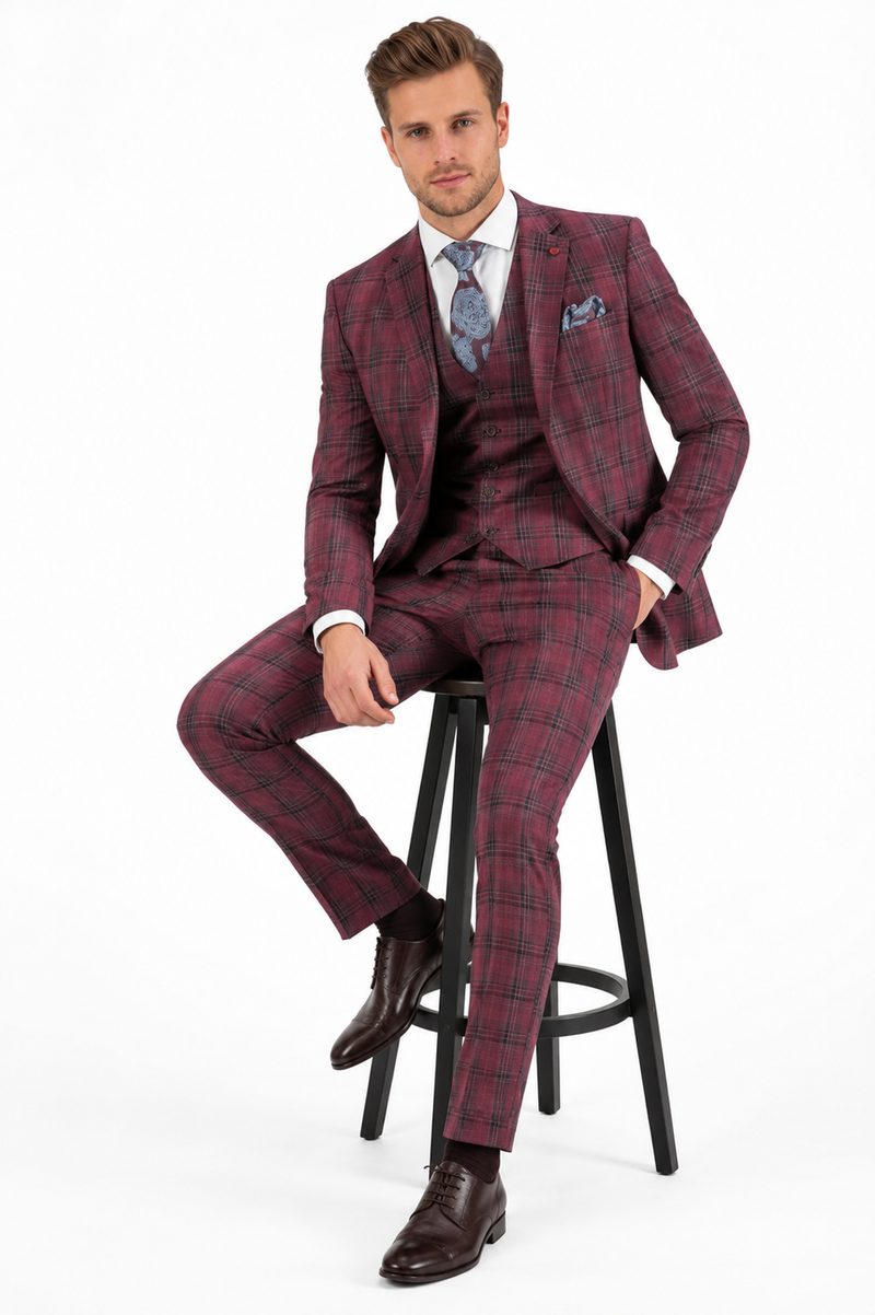 Mens Red Burgundy Plaid 3-Piece Suit - Classic Checkered Modern Fit Suit for Weddings, Church and Formal Events