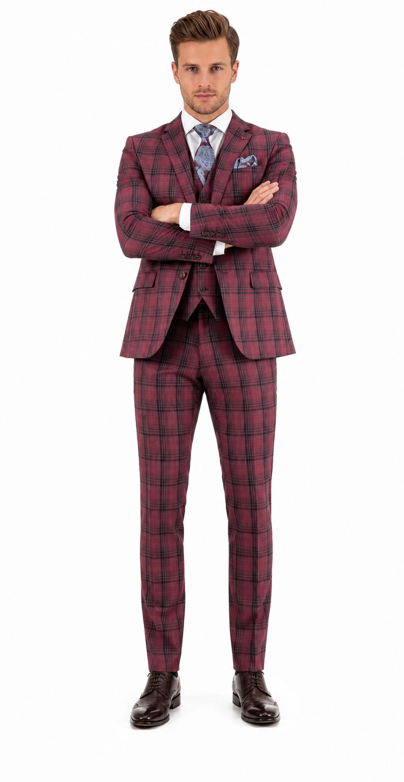 Mens Red Burgundy Plaid 3-Piece Suit - Classic Checkered Modern Fit Suit for Weddings, Church and Formal Events