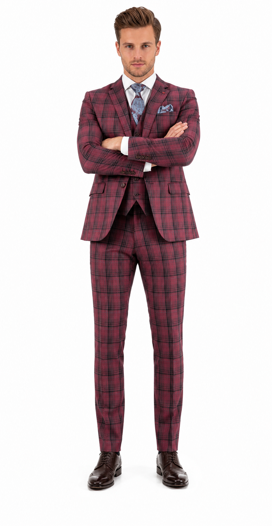 Mens Red Burgundy Plaid 3-Piece Suit - Classic Checkered Modern Fit Suit for Weddings, Church and Formal Events