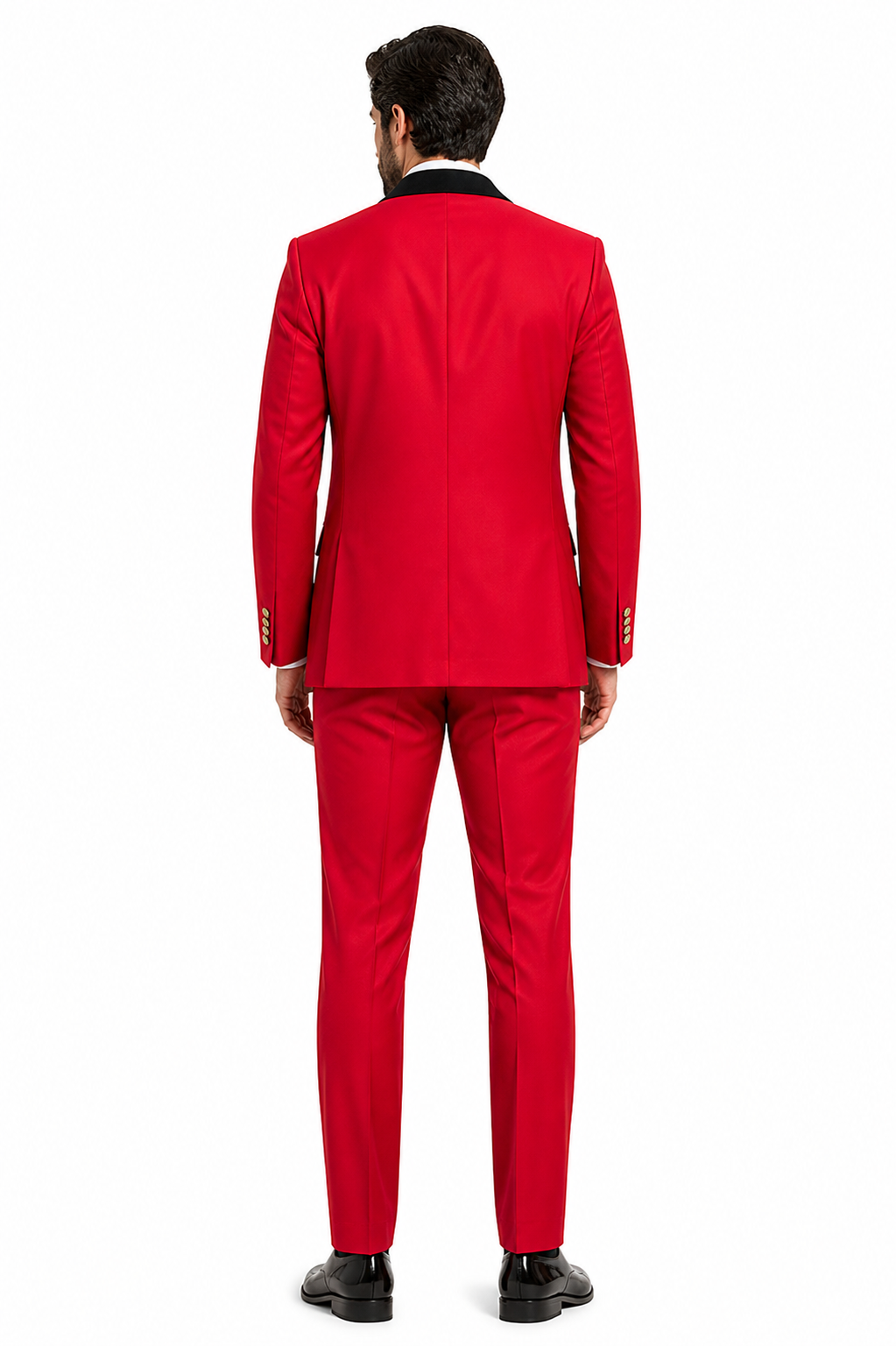 Men's Red Double-Breasted Wedding Tuxedo with Black Velvet Lapel and Gold Buttons - Christmas New Year Suit