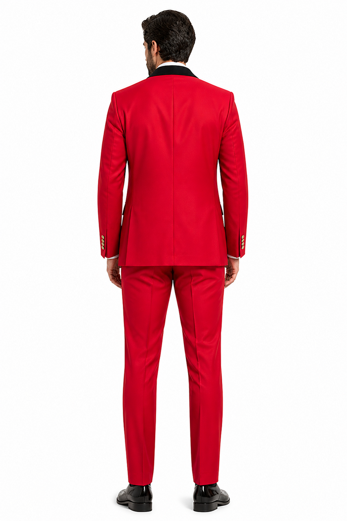 Men's Red Double-Breasted Wedding Tuxedo with Black Velvet Lapel and Gold Buttons - Christmas New Year Suit