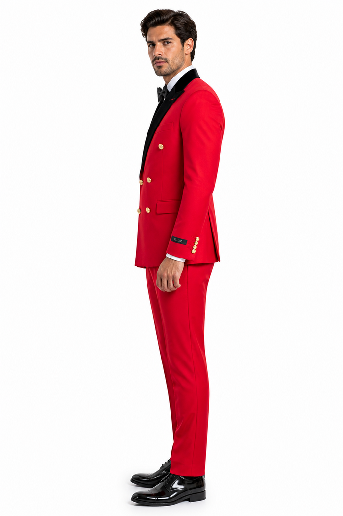 Men's Red Double-Breasted Wedding Tuxedo with Black Velvet Lapel and Gold Buttons - Christmas New Year Suit