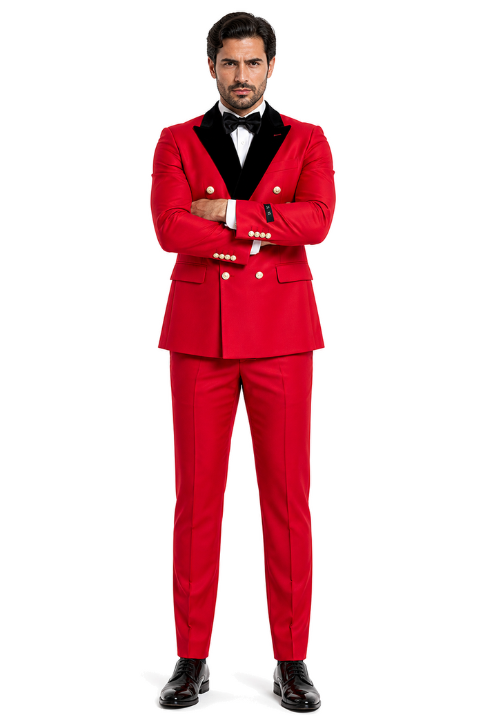 Men's Red Double-Breasted Wedding Tuxedo with Black Velvet Lapel and Gold Buttons - Christmas New Year Suit