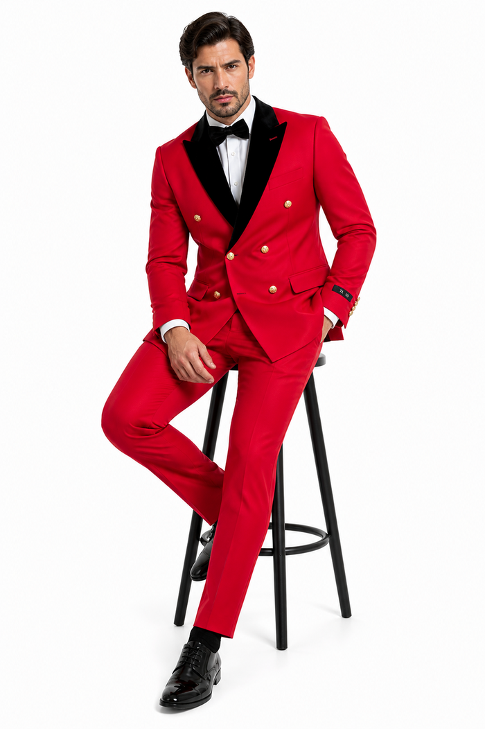 Men's Red Double-Breasted Wedding Tuxedo with Black Velvet Lapel and Gold Buttons - Christmas New Year Suit