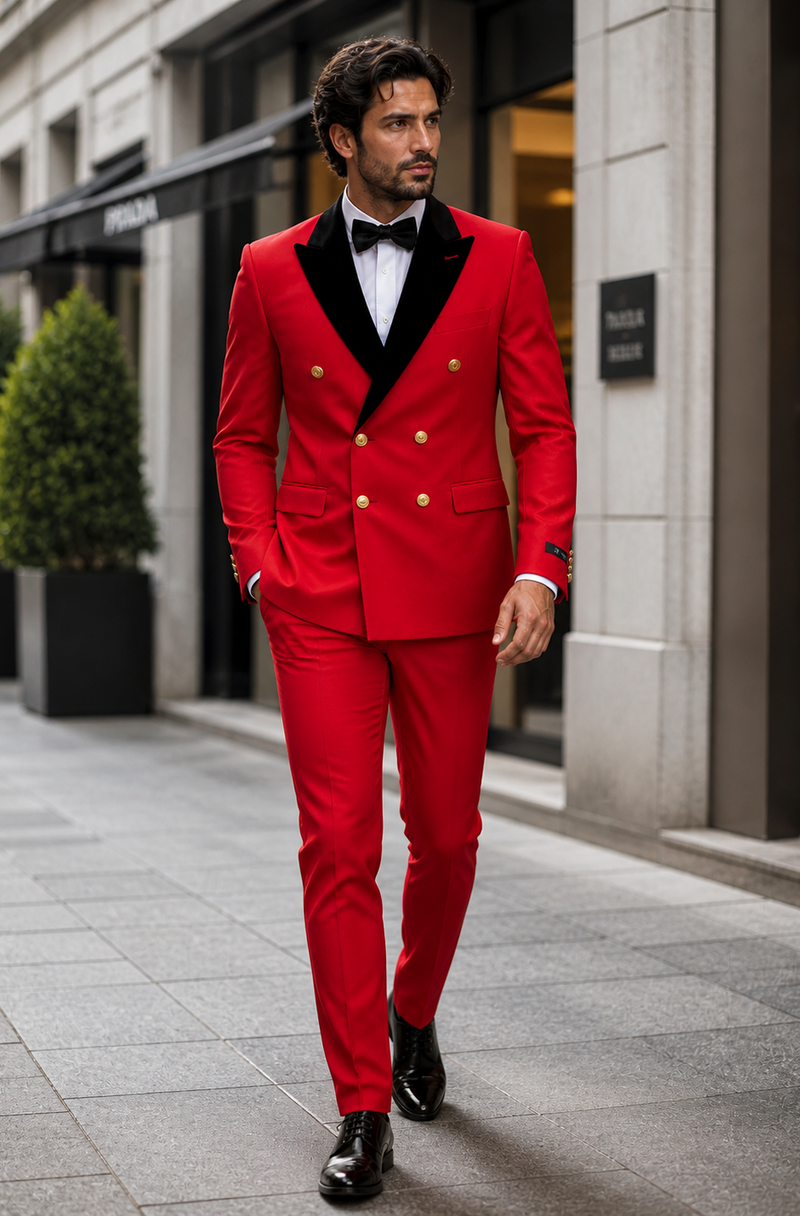 Men's Red Double-Breasted Wedding Tuxedo with Black Velvet Lapel and Gold Buttons - Christmas New Year Suit