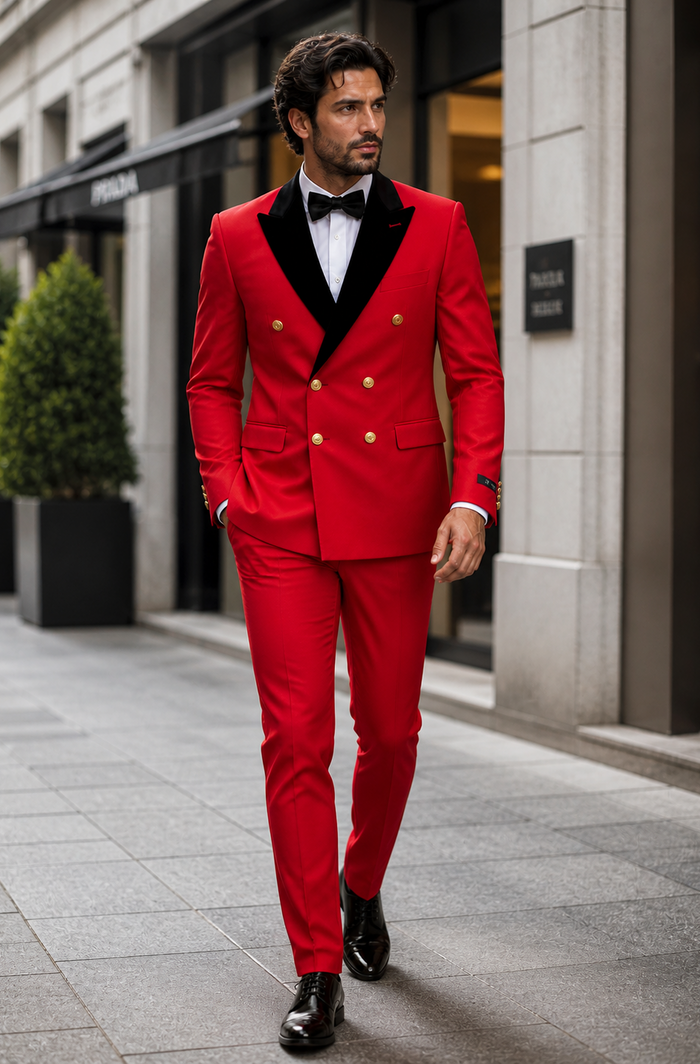 Men's Red Double-Breasted Wedding Tuxedo with Black Velvet Lapel and Gold Buttons - Christmas New Year Suit