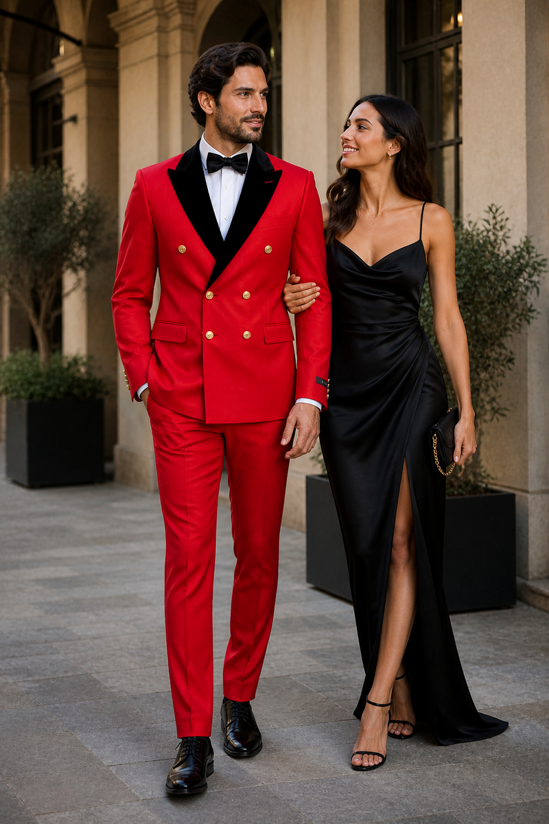 Men's Red Double-Breasted Wedding Tuxedo with Black Velvet Lapel and Gold Buttons - Christmas New Year Suit