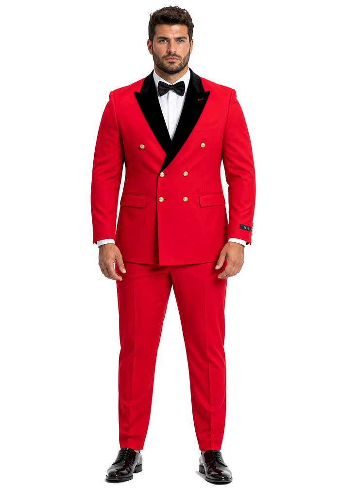 Men's Red Double-Breasted Wedding Tuxedo with Black Velvet Lapel and Gold Buttons - Christmas New Year Suit