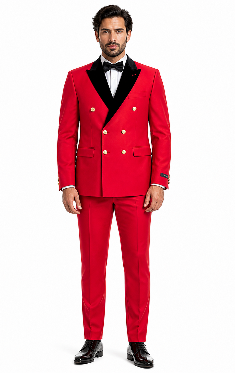 Men's Red Double-Breasted Wedding Tuxedo with Black Velvet Lapel and Gold Buttons - Christmas New Year Suit
