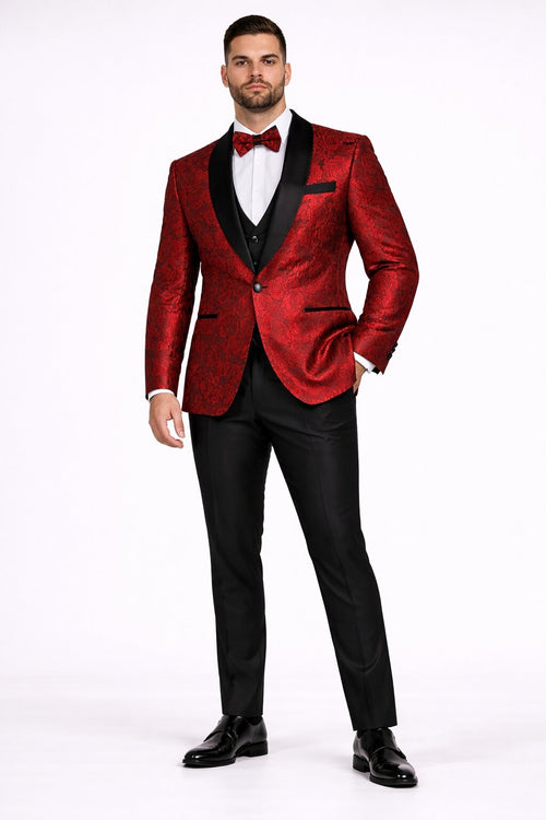 Men's One Button Slim Fit Shiny Paisley Red Prom Tuxedo