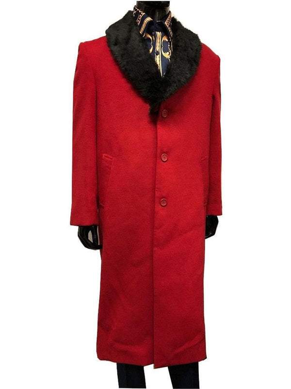 Mens Red Fur Collar Overcoat Full Length Belted Falcone Vance