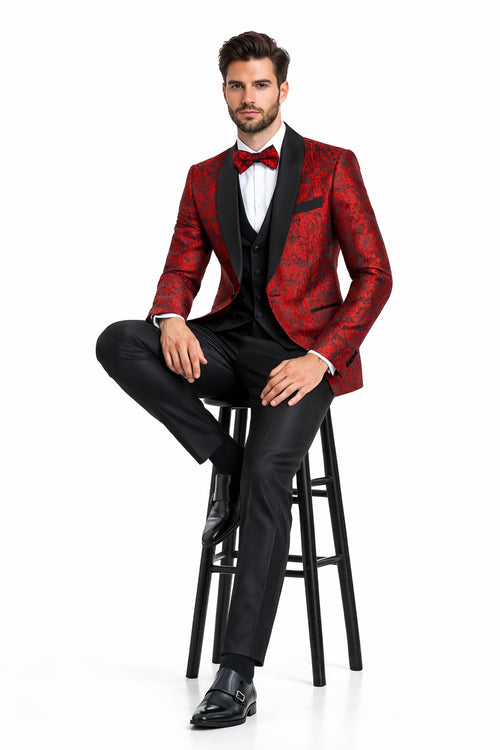 Men's One Button Slim Fit Shiny Paisley Red Prom Tuxedo