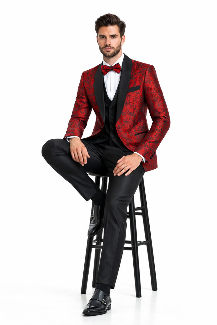 Men's One Button Slim Fit Shiny Paisley Red Prom Tuxedo