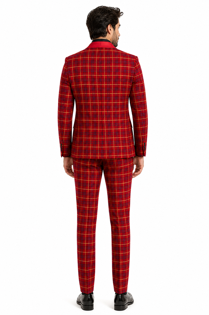 Men's Red Velvet Plaid Blazer with Satin Lapel â€“ Designer Tartan Suit Jacket for Holidays and Events