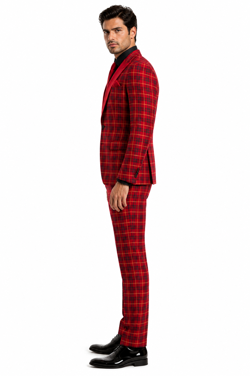 Men's Red Velvet Plaid Blazer with Satin Lapel â€“ Designer Tartan Suit Jacket for Holidays and Events