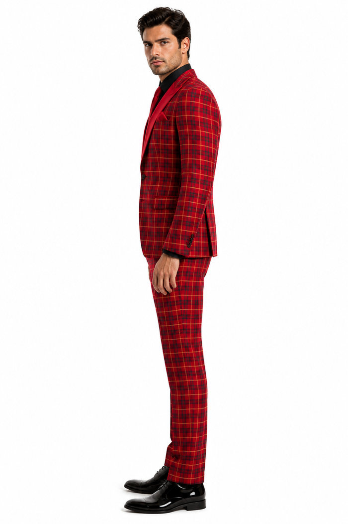 Men's Red Velvet Plaid Blazer with Satin Lapel â€“ Designer Tartan Suit Jacket for Holidays and Events