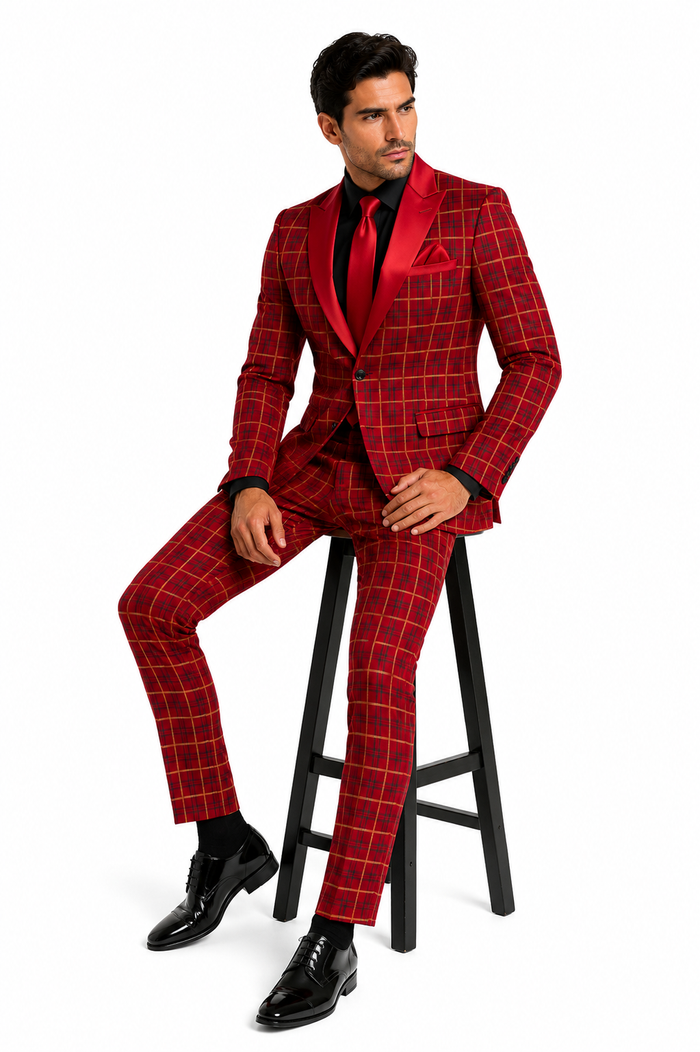 Men's Red Velvet Plaid Blazer with Satin Lapel â€“ Designer Tartan Suit Jacket for Holidays and Events