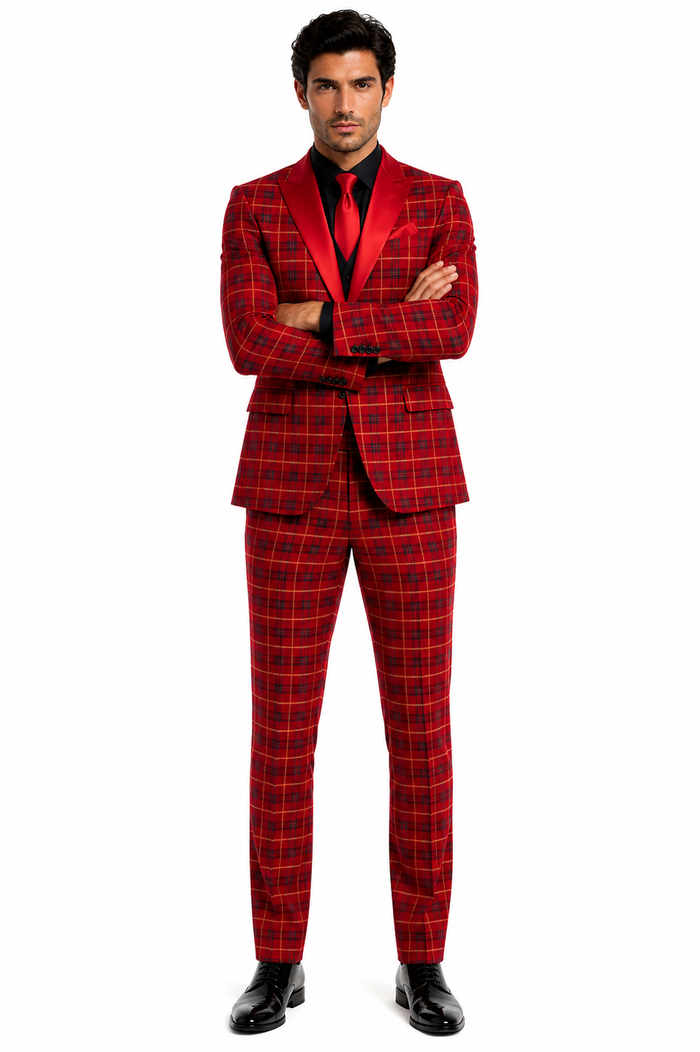 Men's Red Velvet Plaid Blazer with Satin Lapel â€“ Designer Tartan Suit Jacket for Holidays and Events