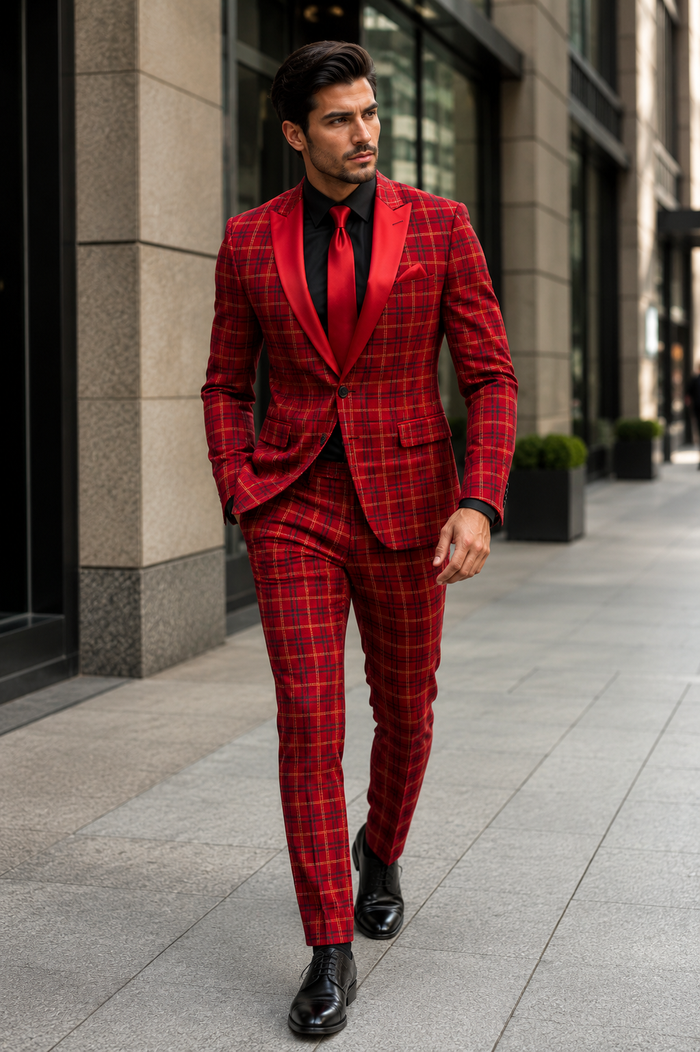 Men's Red Velvet Plaid Blazer with Satin Lapel â€“ Designer Tartan Suit Jacket for Holidays and Events