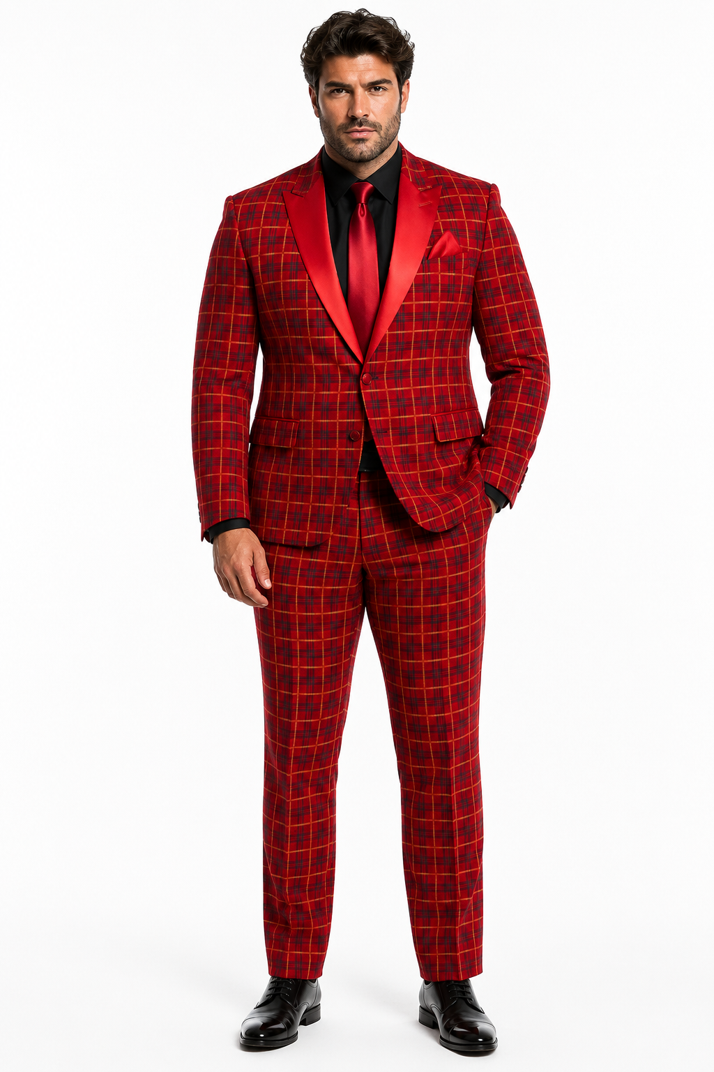 Men's Red Velvet Plaid Blazer with Satin Lapel â€“ Designer Tartan Suit Jacket for Holidays and Events