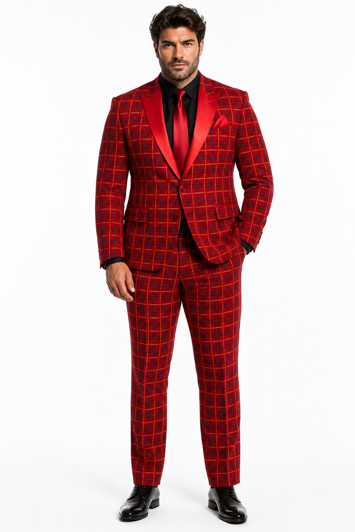 Men's Red Velvet Plaid Blazer with Satin Lapel â€“ Designer Tartan Suit Jacket for Holidays and Events